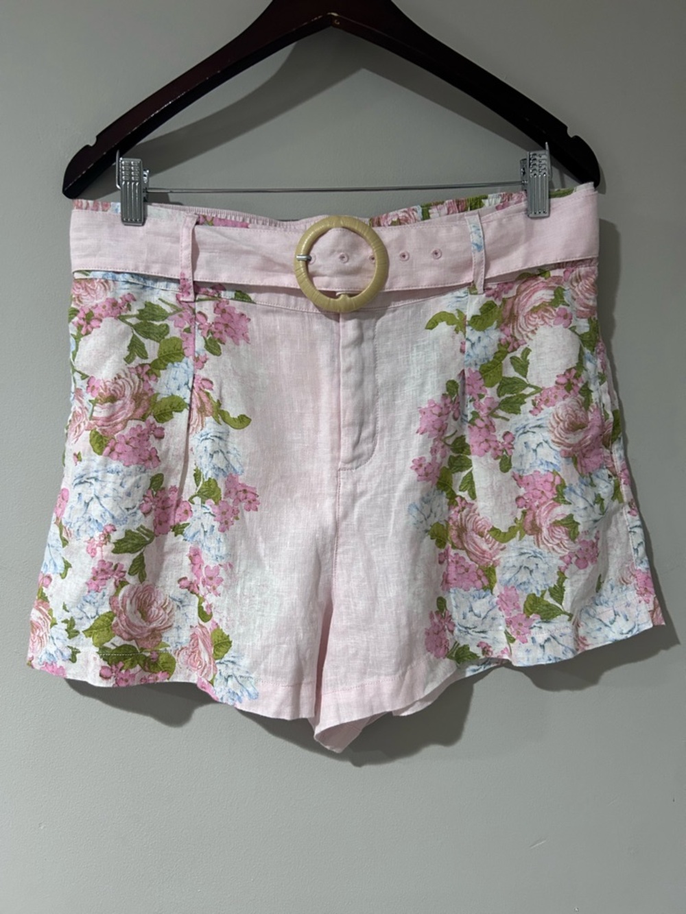 CeCe Light Pink Floral Linen Belted Shorts L